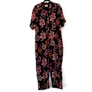 FARM Rio Pink Snake Print Crew Neck Black Jumpsuit size L